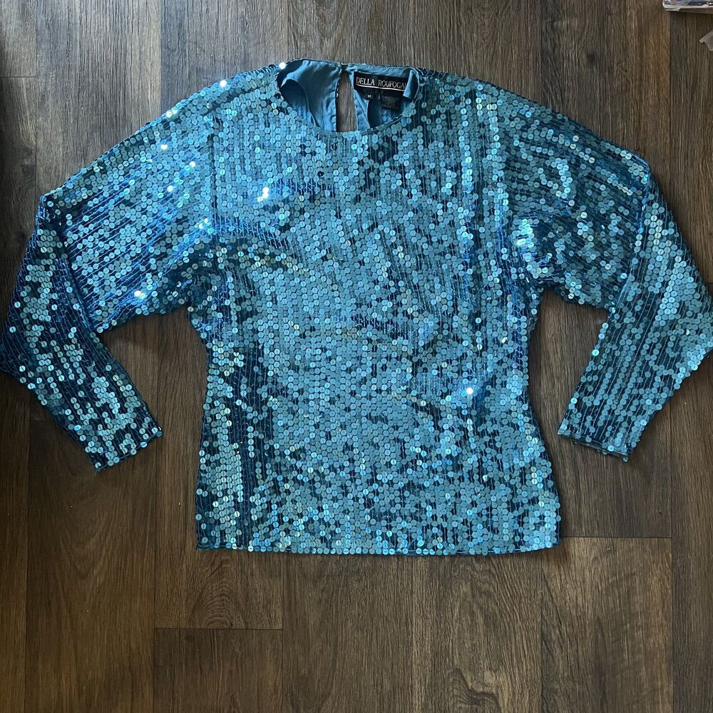 Vintage 80s 100% silk blue sequin top Della Roufogal 9 to 5 costume Dolly Parton